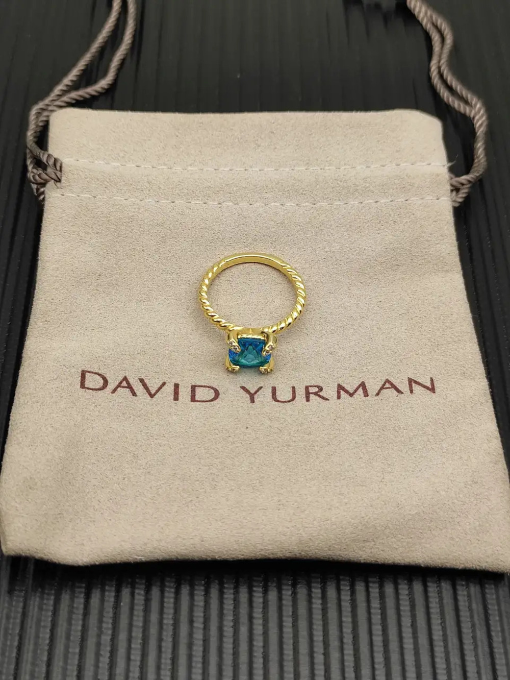David Yurman Gold Ring with Blue Diamond Center Prong